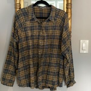 Wishlist Apparel M 100% cotton button down shirt blue green yellow plaid